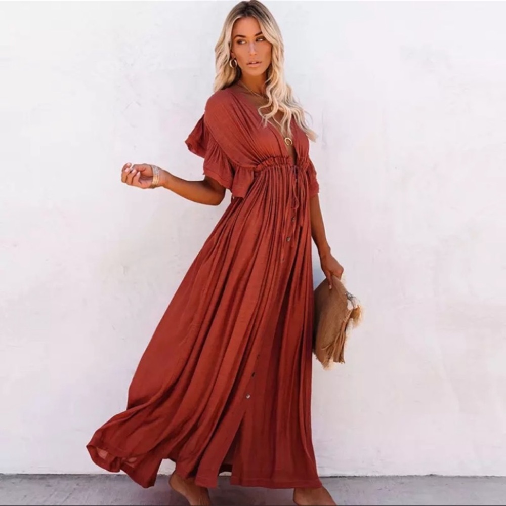 Red Boho Gauze Boho Button Flutter Maxi Dress - Picture 2 of 8